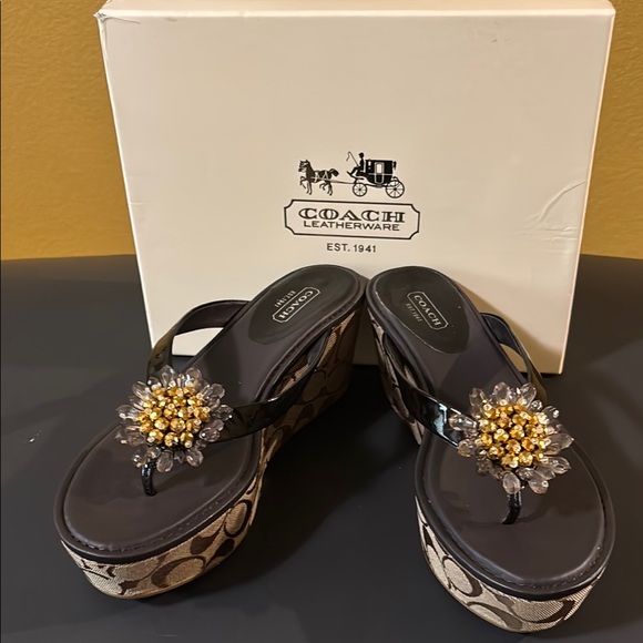 Coach Brown and Gold Platform Slides with Crystal Embellishments - Picture 1 of 12